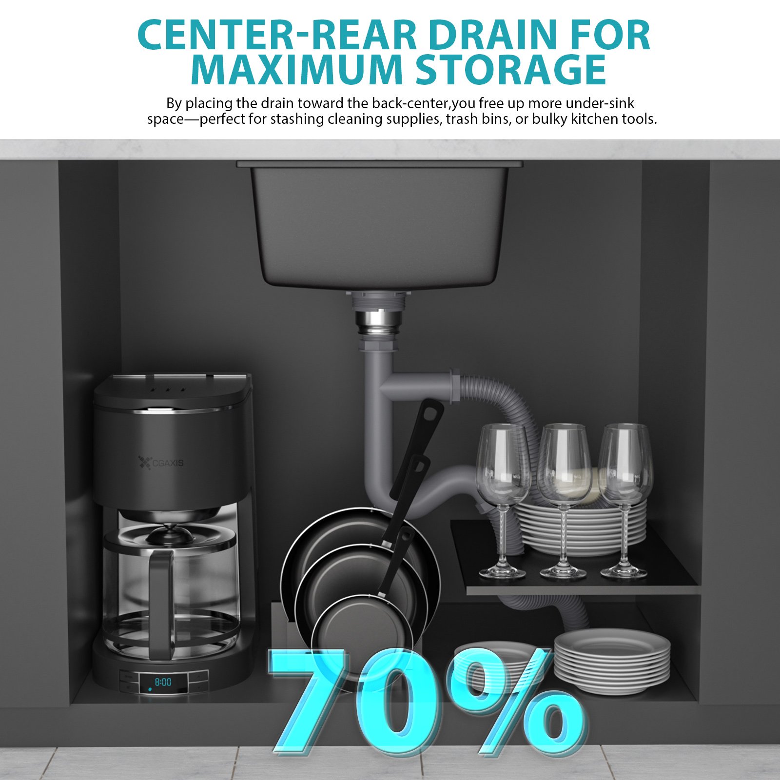 Undermount Single Bowl Kitchen Sink, With Durable Non Porous Surface - Black - Image 9