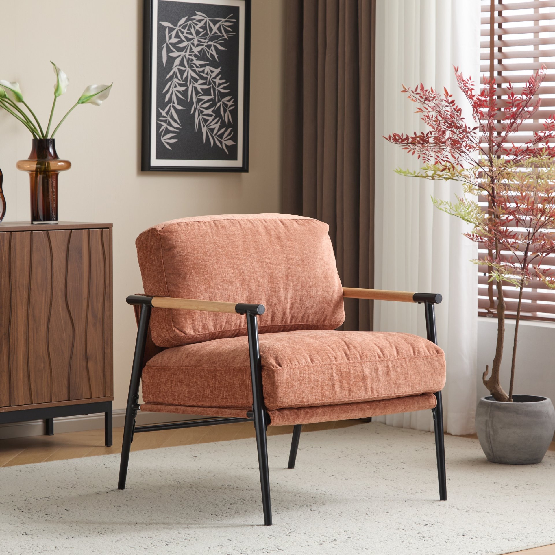 Modern Accent Chair With Plush Cushions, Minimalist Metal Frame, Wooden Armrest Design - Orange - Image 2