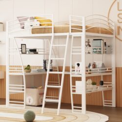 Full Size Loft Bed With 4 Layers Of Shelves And L-Shaped Desk, Stylish Frame With A Set Of Sockets, USB Ports And And Wireless Charging - White