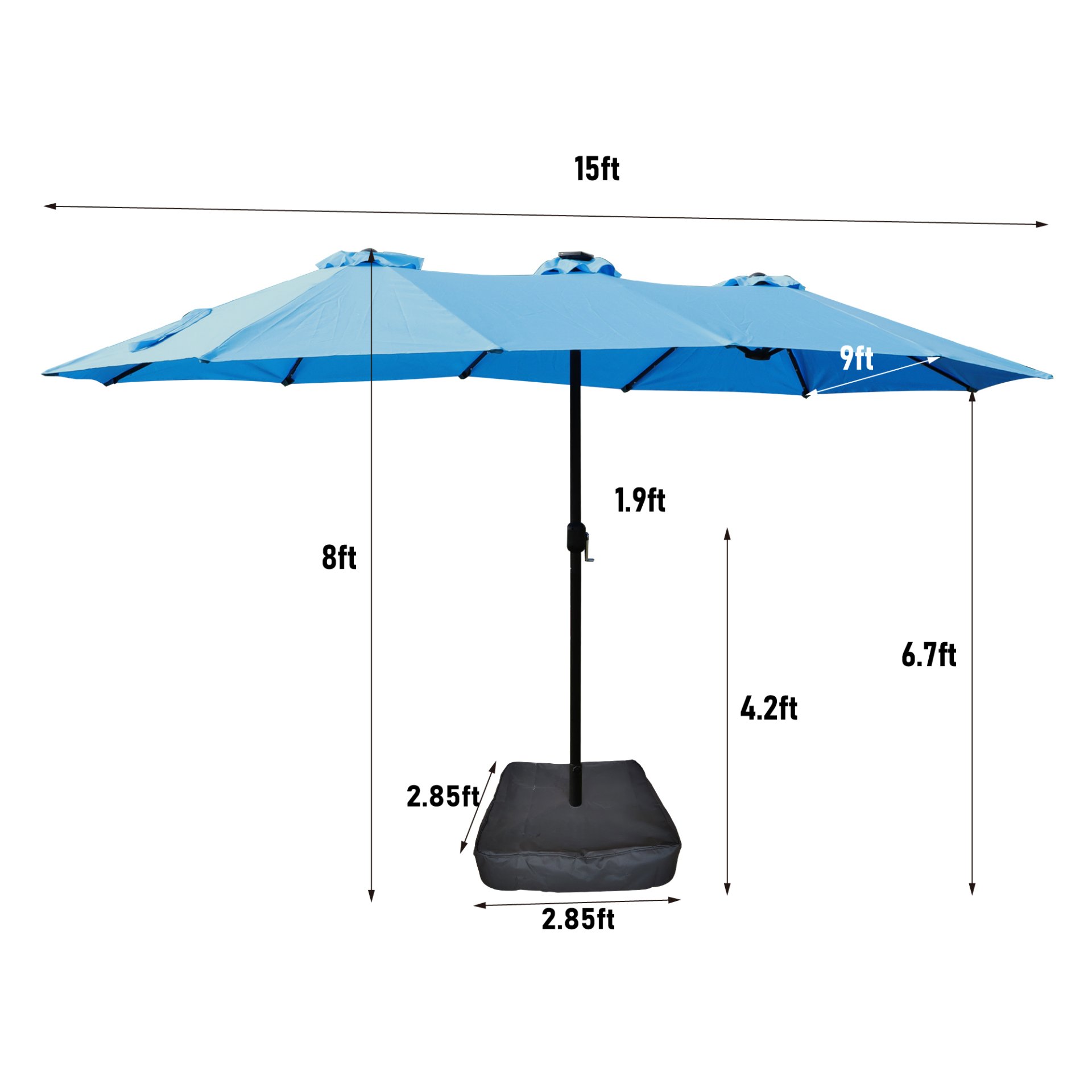 15 X 9 Ft Double Sided Outdoor Market Umbrella With Lights And Base Rectangular Twin Canopy - Blue - Image 6