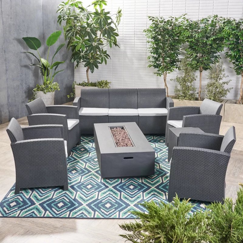 Outdoor Faux Wicker Rattan Style Chat Set With Water Resistant Cushions, 5 Pieces Set - Charcoal / Light Gray - Image 2