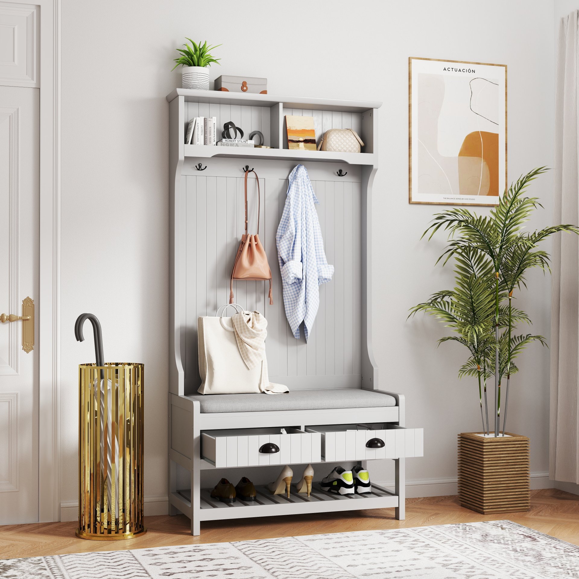 Modern 3 In 1 Hallway Hall Tree With Storage Drawers, Coat Rack, Shoe Rack Bench, And Cushion - Gray - Image 19
