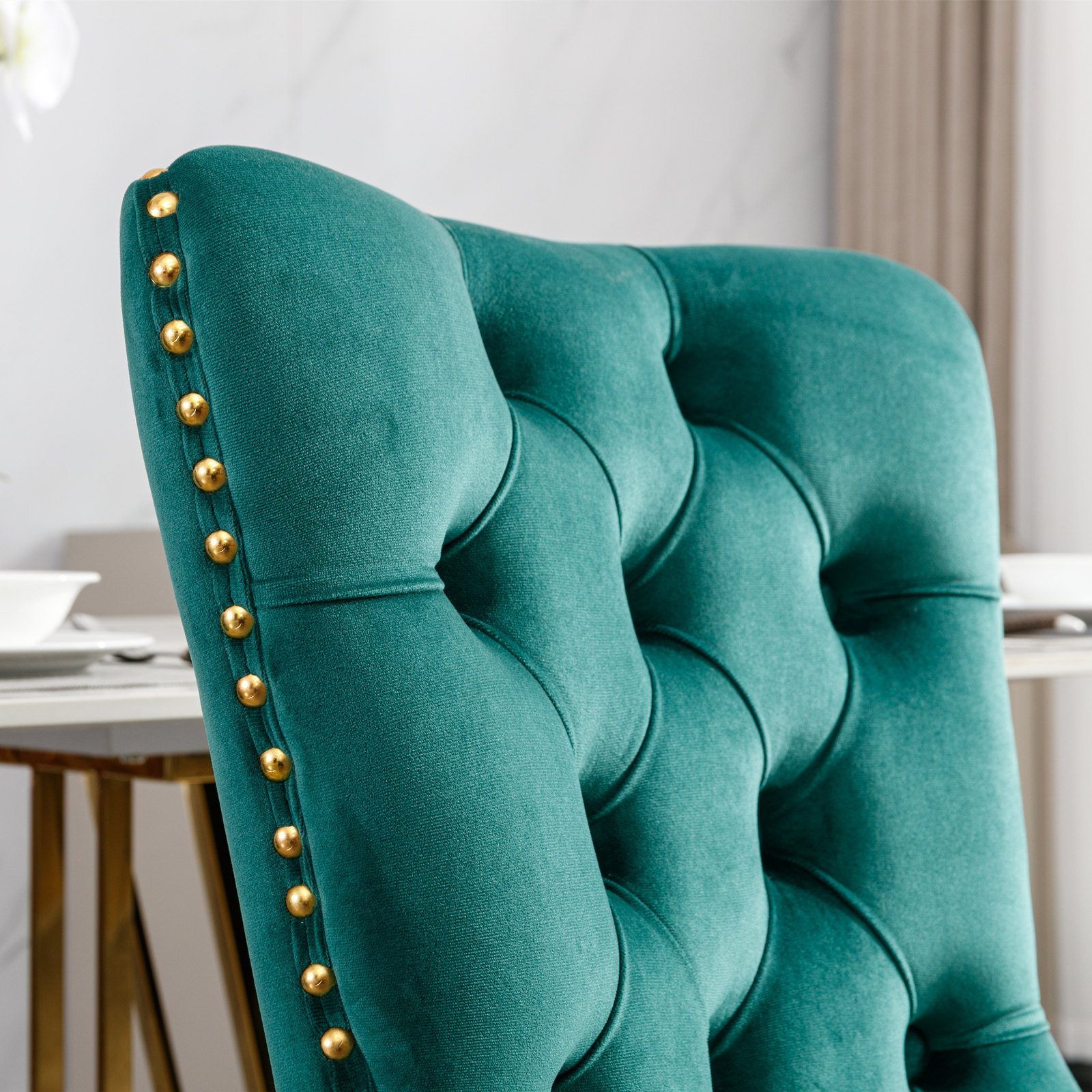 Nikki - Modern, High-End Tufted Solid Wood Contemporary Velvet Upholstered Dining Chair With Golden Stainless Steel Plating Legs, Nailhead Trim (Set of 2) - Green - Image 8