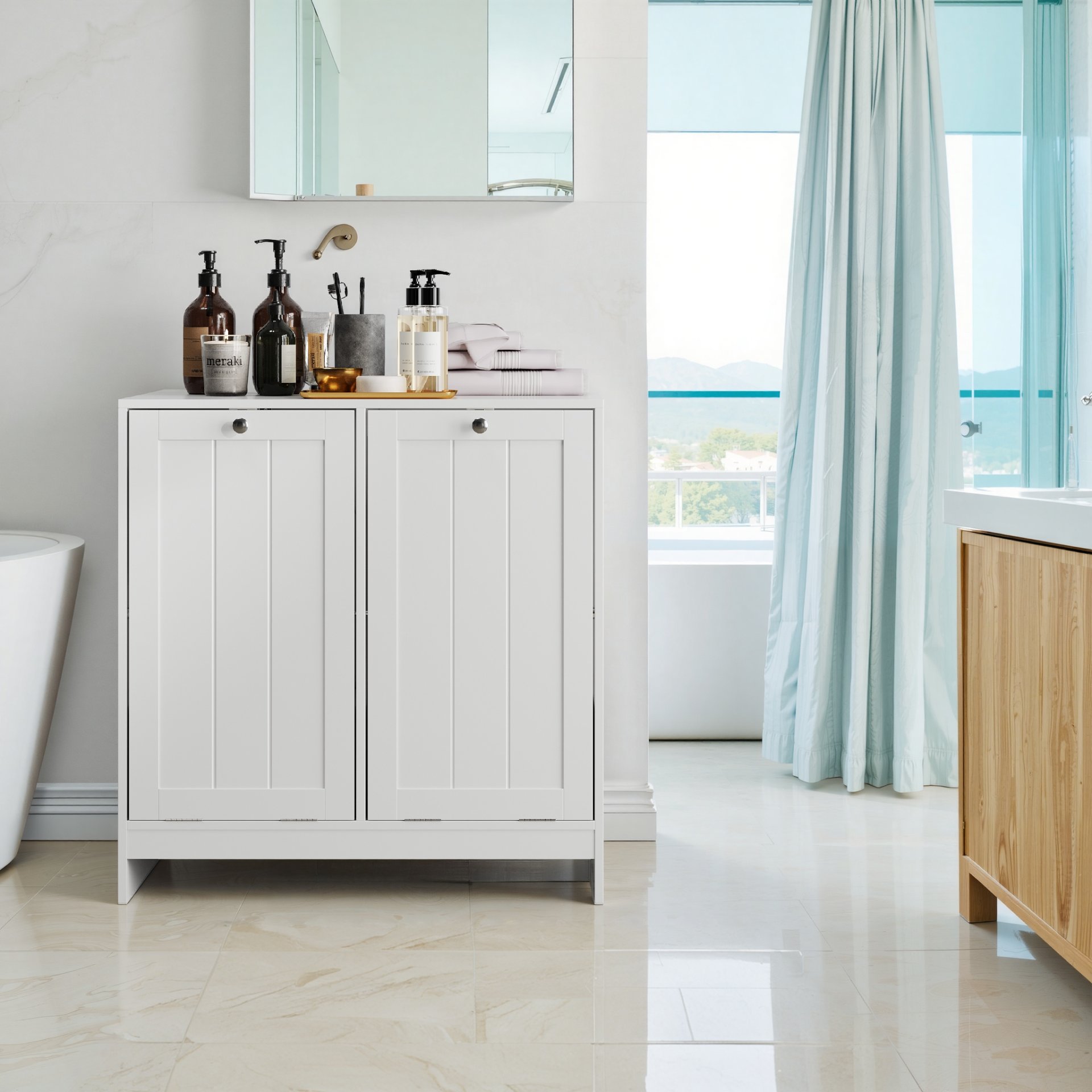 Tilted Laundry Hamper With Removable Basket, Hidden Laundry Hamper, Bathroom Storage Cabinet, Free Standing Organizer - White - Image 9