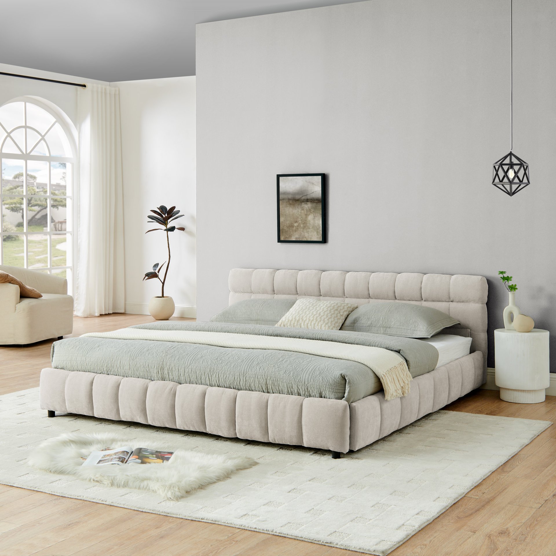 Modern King Size Upholstered Bed With Storage Drawer Solid Frame - Beige - Image 6