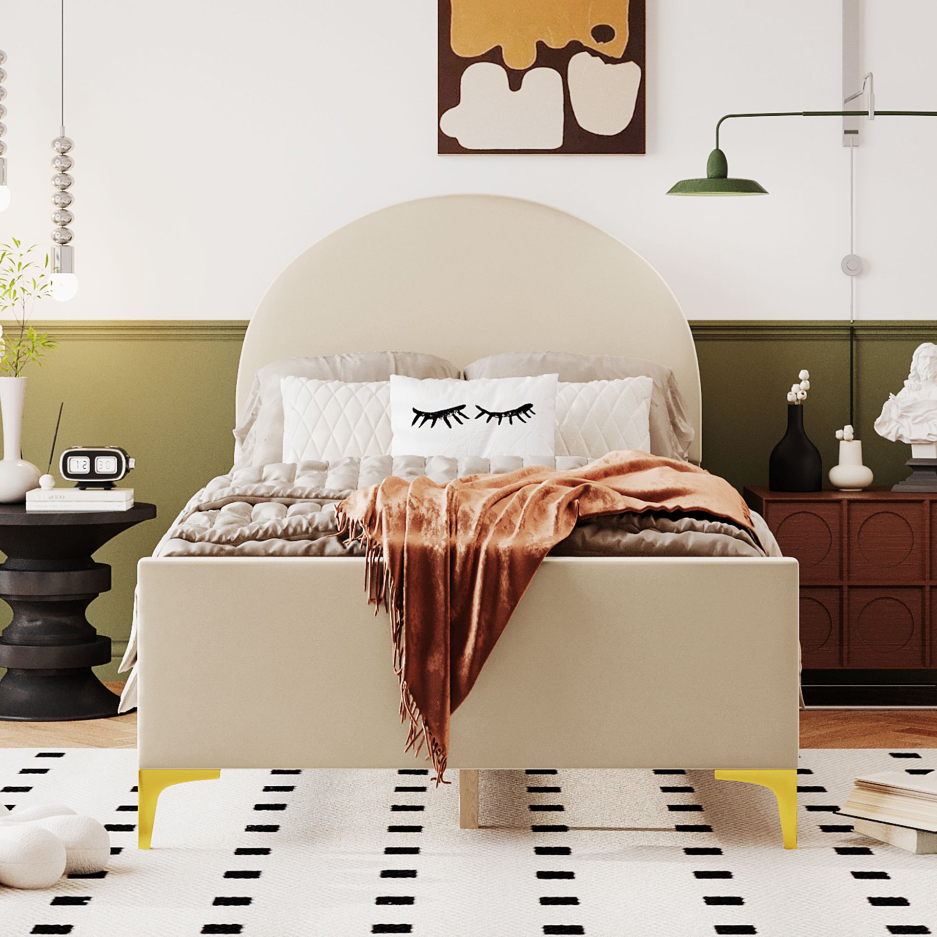 Twin Size Upholstered Platform Bed With Classic Semi-Circle Shaped Headboard And Mental Legs - Beige - Image 2