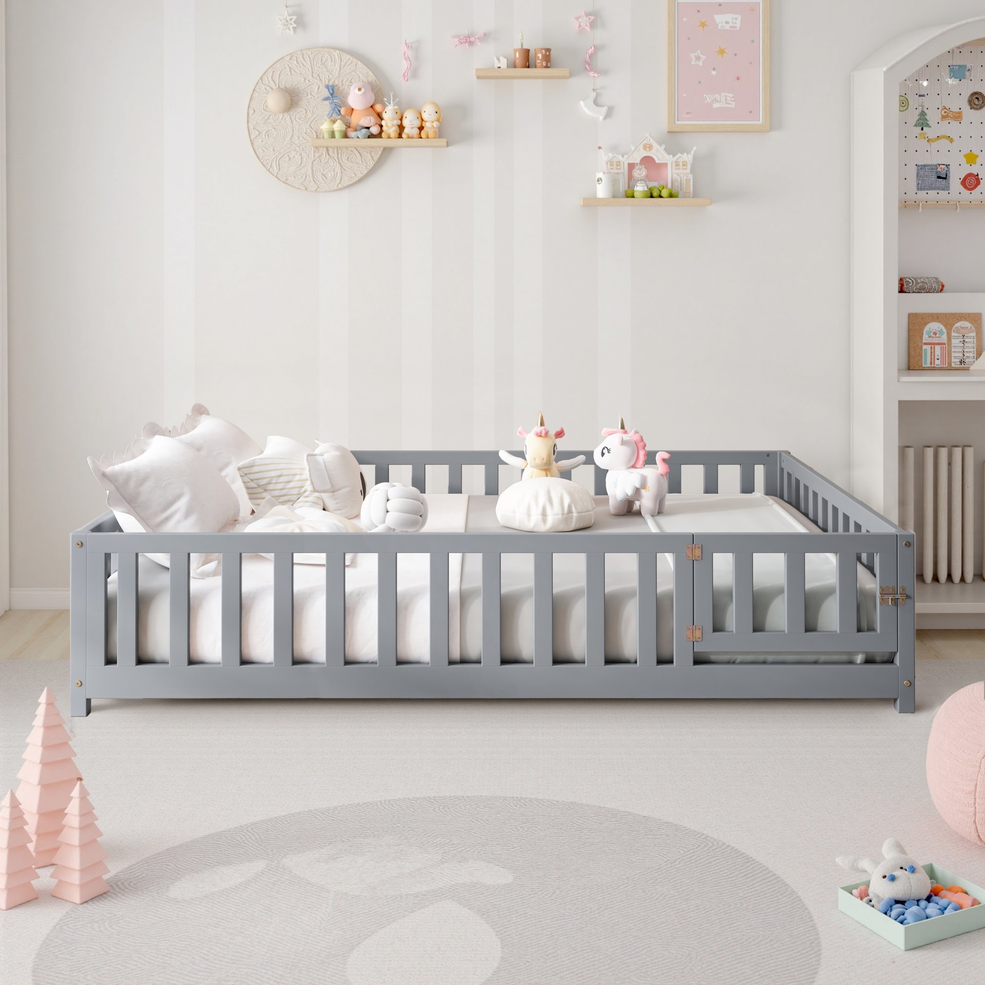 Montessori - Full Size Wooden Floor Platform Bed With Fence And Door, Montessori Floor Bed Frame With Support Slats For Toddlers - Gray - Image 4