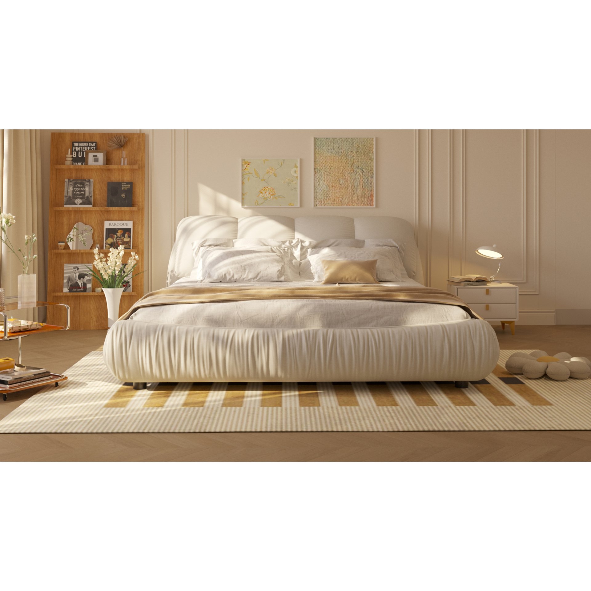 Queen Size Luxury Upholstered Platform Bed With Oversized Padded Backrest And Solid Wood Frame, Suitable For Multiple Heights Of Mattresses - Beige - Image 8