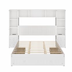 Queen Size Pine Wood Platform Bed With All In 1 2 Nightstand, Storage Shelf And Cabinet Bookcase With 2 Charging Stations, Multi Functional Captain Bed Frame With 3 Drawers - White