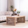 Rustic Carved Wood Coffee Table, Handcrafted Look With Ornate Side Panels - Natural - Image 4