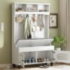 5 In 1 Entryway Bench With Shutter - Shaped Doors, Coat Rack, Cushion And 4 Sturdy Hooks, Wide Hall Tree With Storage Bench For Hallway, Entryway, Living Room - White - Image 3