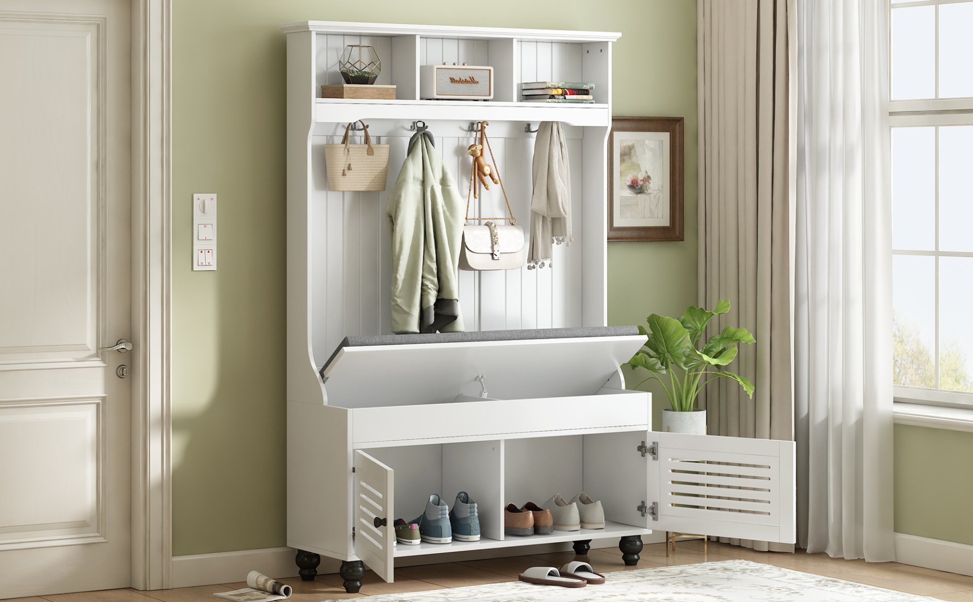 5 In 1 Entryway Bench With Shutter - Shaped Doors, Coat Rack, Cushion And 4 Sturdy Hooks, Wide Hall Tree With Storage Bench For Hallway, Entryway, Living Room - White - Image 3