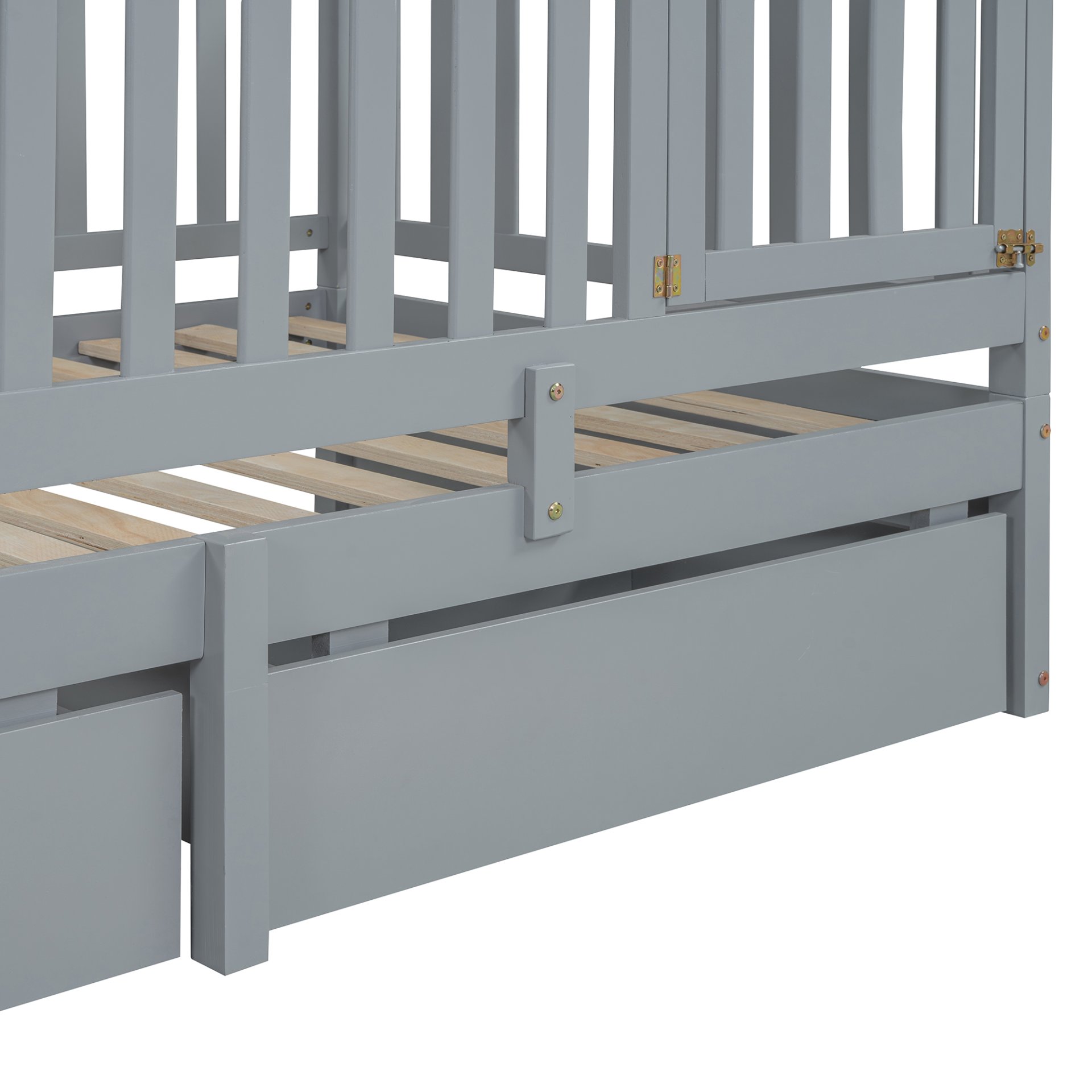 Twin Size Daybed With Fence Guardrails And 2 Drawers, Split Into Independent Floor Bed & Daybed - Gray - Image 16