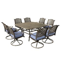 Square 8 Person 63.98" Long Dining Set With Navy Blue Cushions, Swivel And Rocking Chairs - Antique Navy Blue