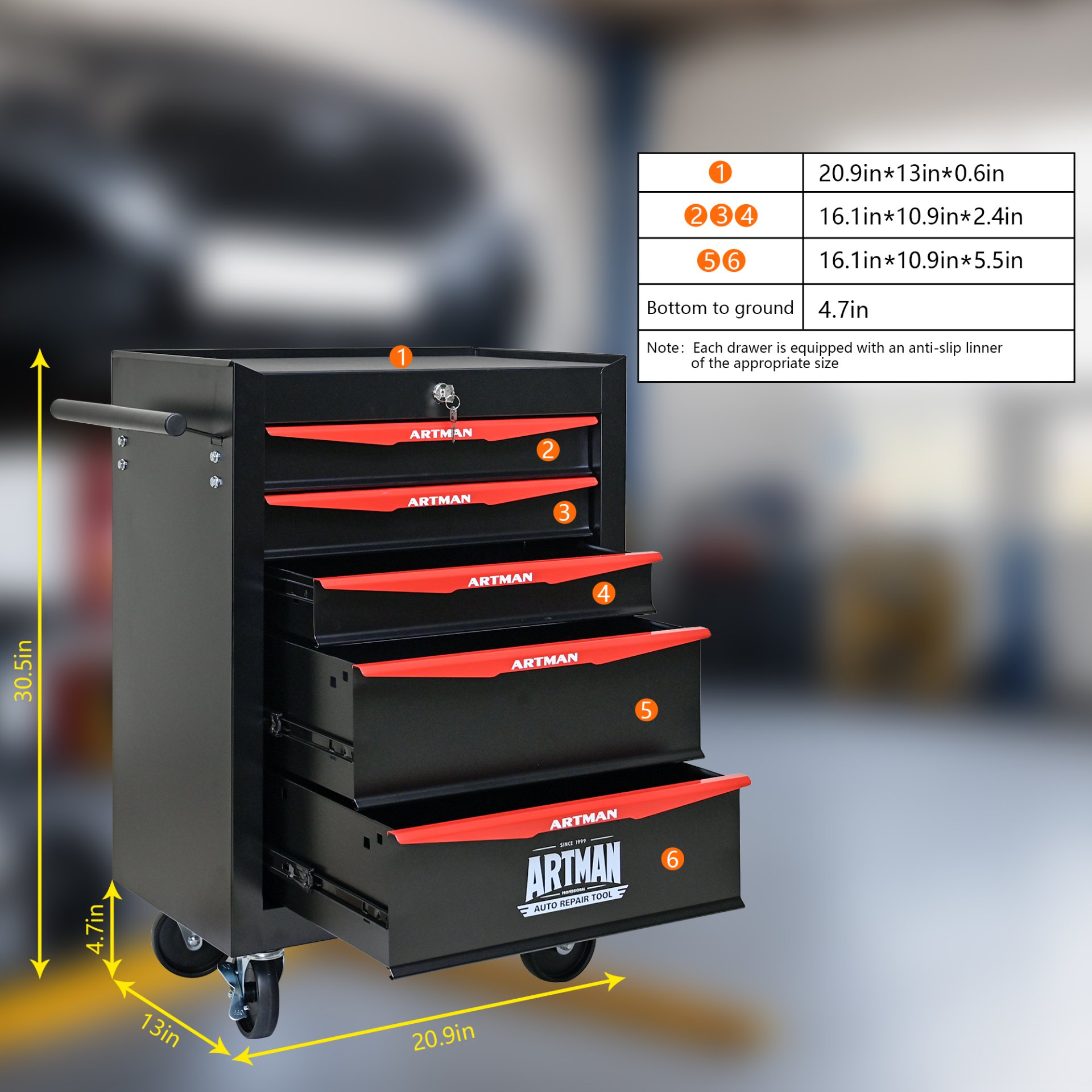 Rolling Metal Tool Chest With 5 Drawers, 20" Steel Storage Cabinet With Ball Bearing Slides - Black / Red - Image 3