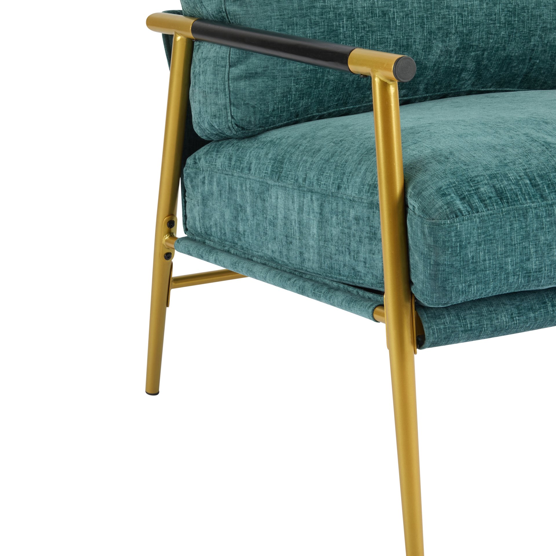 Modern Accent Chair With Plush Cushions, Metal Frame, Wooden Armrests Cozy Seating For Living Room, Bedroom, Office - Gold / Teal Blue - Image 16