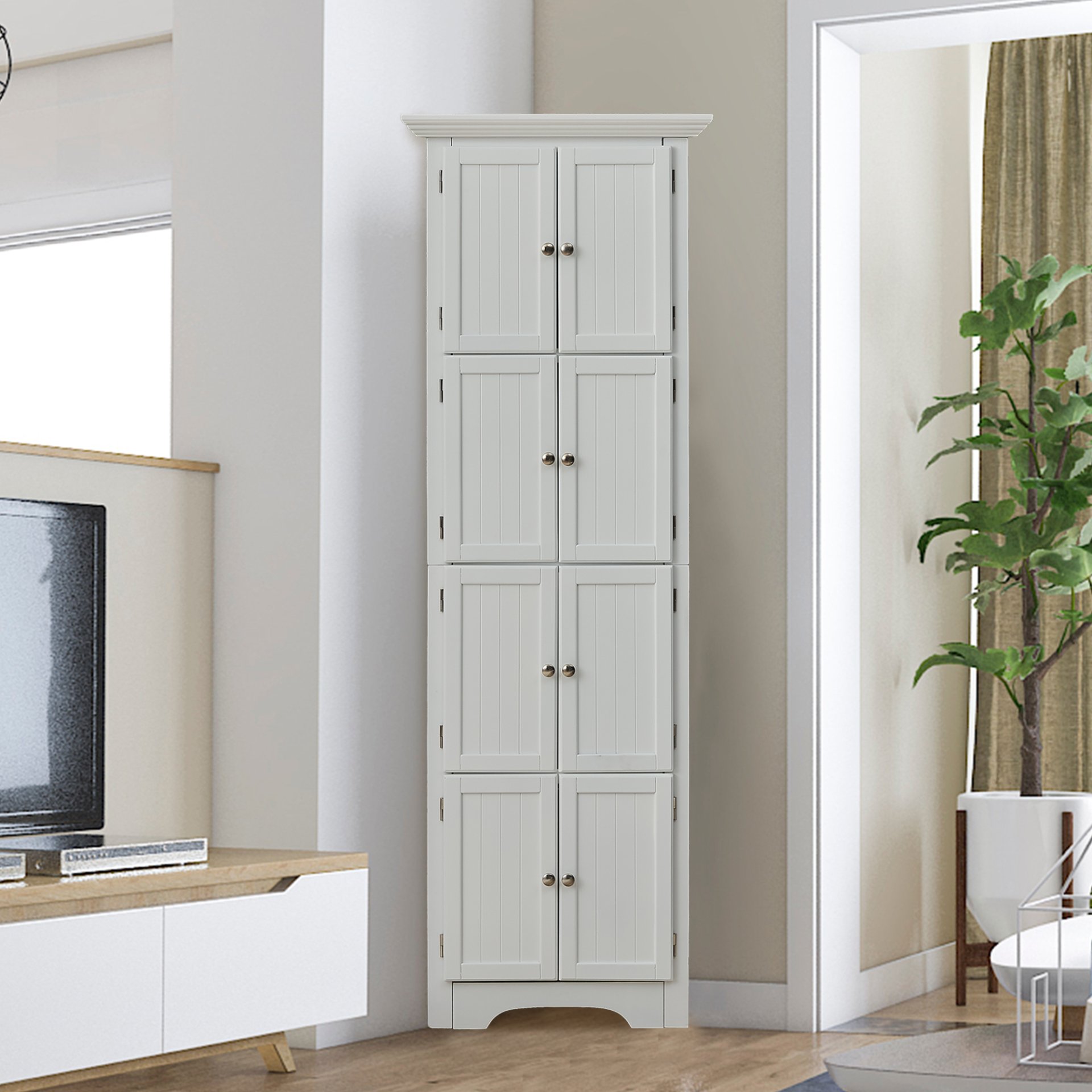 Tall Storage Cabinet With Doors And 4 Shelves For Living Room, Kitchen, Office, Bedroom, Bathroom, Modern - White - Image 5