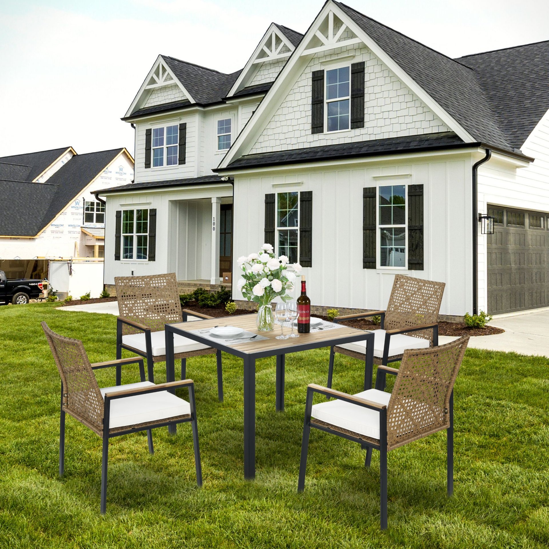 All Weather Patio Dining Table Set With Top And Umbrella Hole - Rattan Outdoor Furniture - Yellow - Image 21