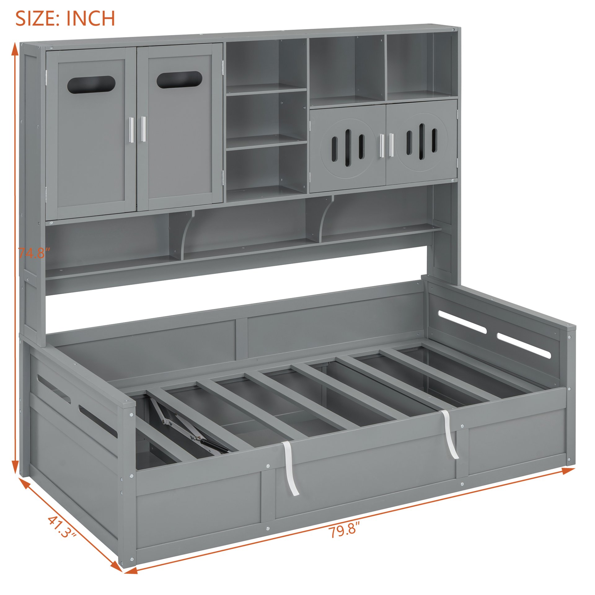 Twin Size Wooden Daybed With Hydraulic Bed And All In One Cabinet And Shelf - Gray - Image 7