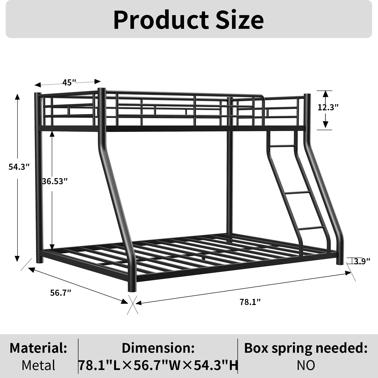 Twin Over Full Metal Bunk Bed Frame With Ladder And Guardrail, Heavy Duty Noise Free Design Metal Construction - Black - Image 3