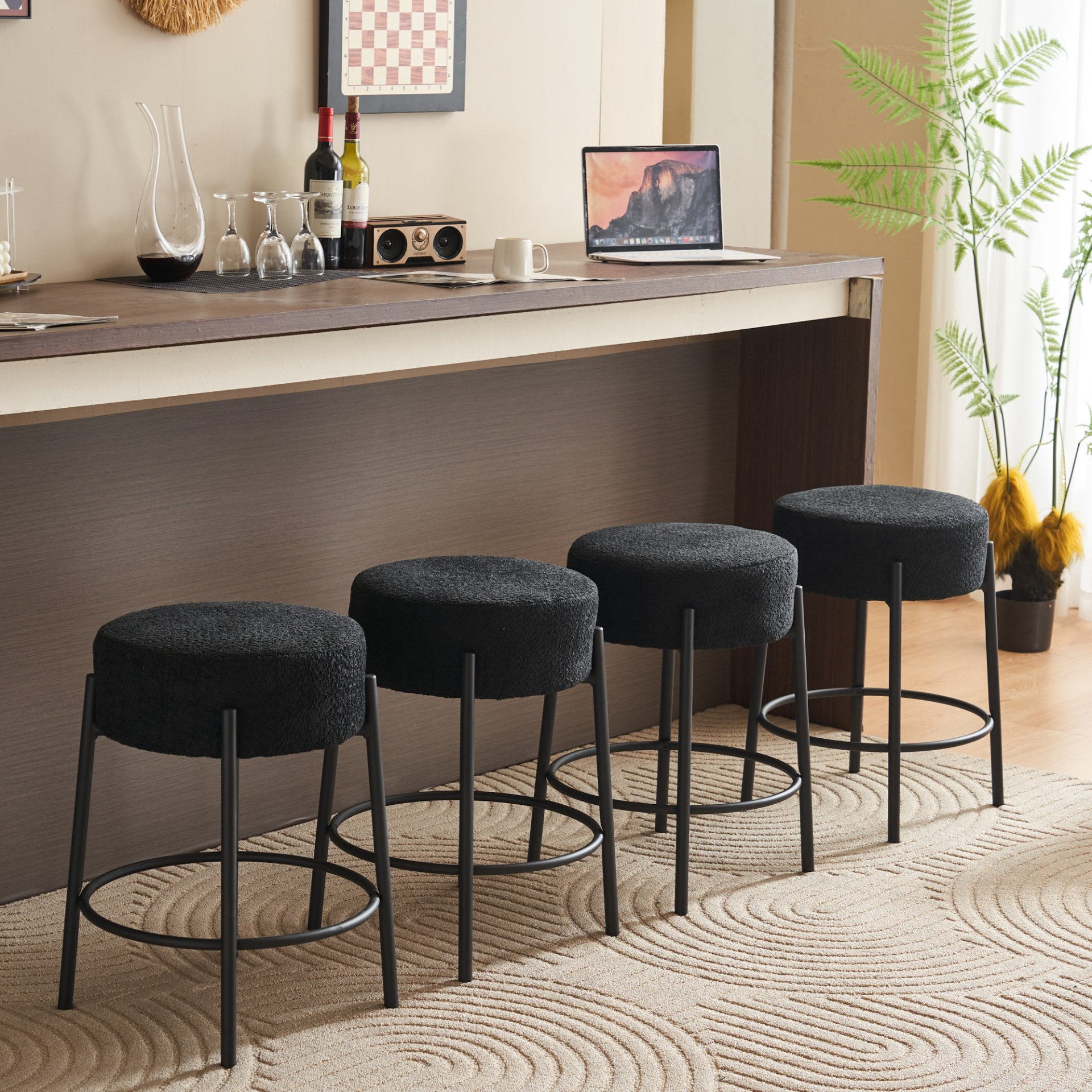 Round Bar Stools (Set of 2), Contemporary Upholstered Dining Stools For Kitchens, Coffee Shops And Bar Stores - Black - Image 6