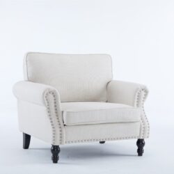 Rolled Arm Sofa With Nailhead Trim 1 Seater Upholstered Couch With Wooden Legs For Living Room Or Bedroom Deep Seat Design - Beige