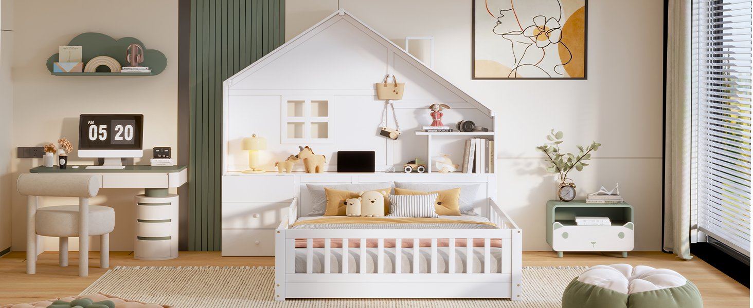 Full Size House Bed With Window And Bedside Drawers, Platform Bed With Shelves And A Set Of Sockets And USB Port - White - Image 20