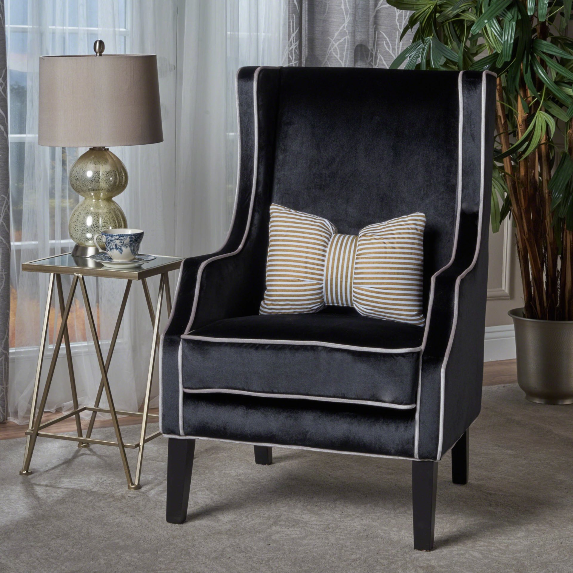 Elegant Velvet Club Chair With 2 Tone Design And Rubberwood Legs - Black - Image 5