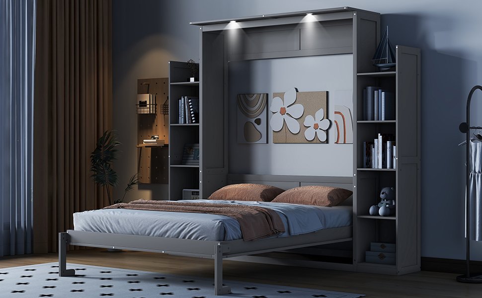 Queen Size Murphy Wall Bed With Shelves And LED Lights - Gray - Image 21
