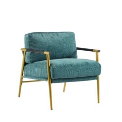 Modern Accent Chair With Plush Cushions, Metal Frame, Wooden Armrests Cozy Seating For Living Room, Bedroom, Office - Gold / Teal Blue