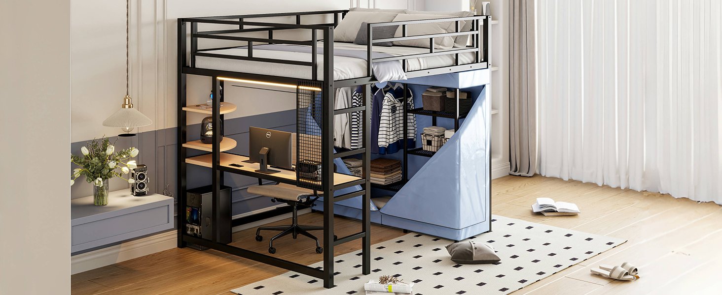 Full Size Loft Bed With Desk, Shelves, Power Outlet, LED Light And Wardrobe - Black - Image 25