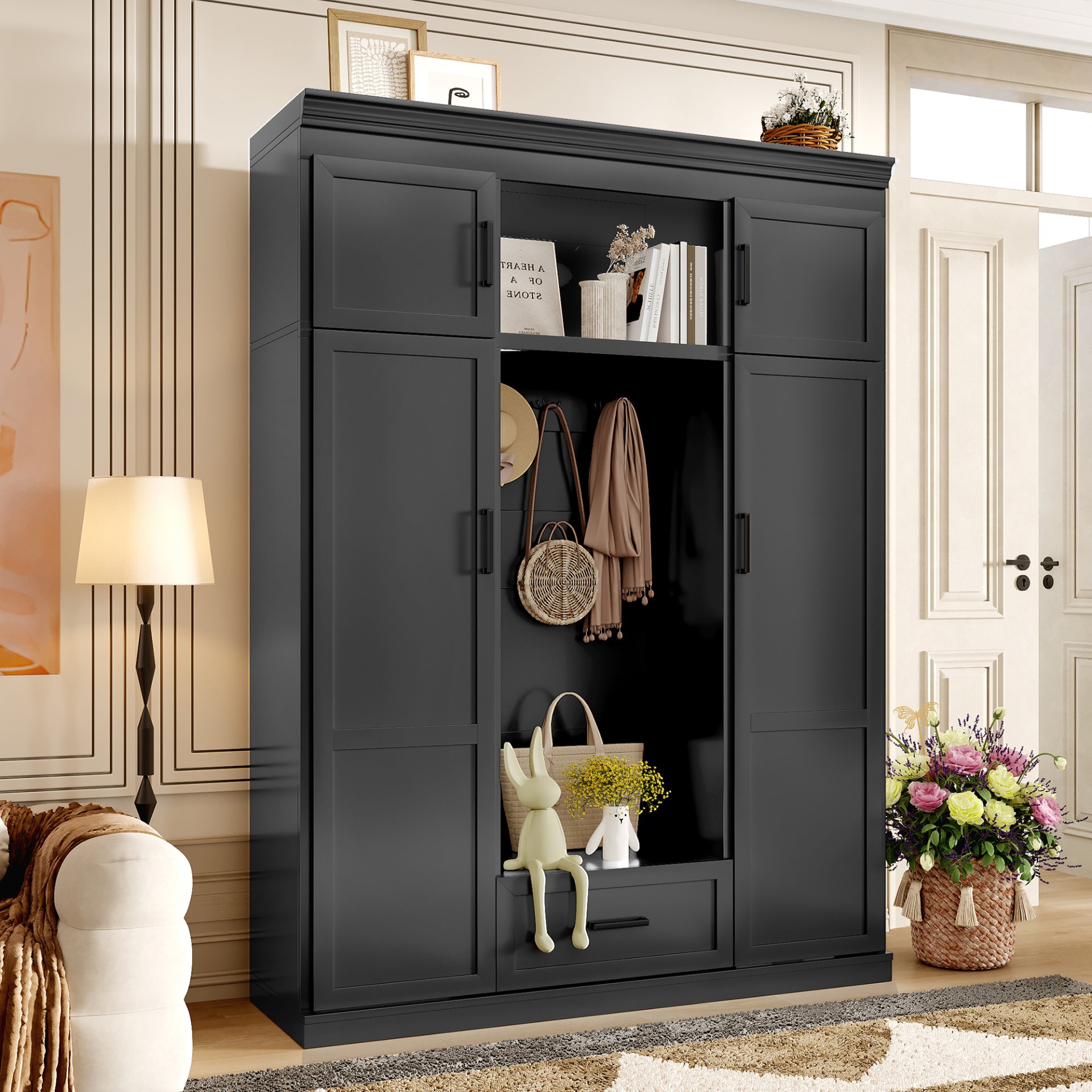 Hall Tree With Bench And 3 Hooks, Modern Entryway Storage Organizer Cabinet With 4 Doors, 1 Drawer And Adjustable Shelves For Hallway, Entryway, Living Room - Black - Image 5