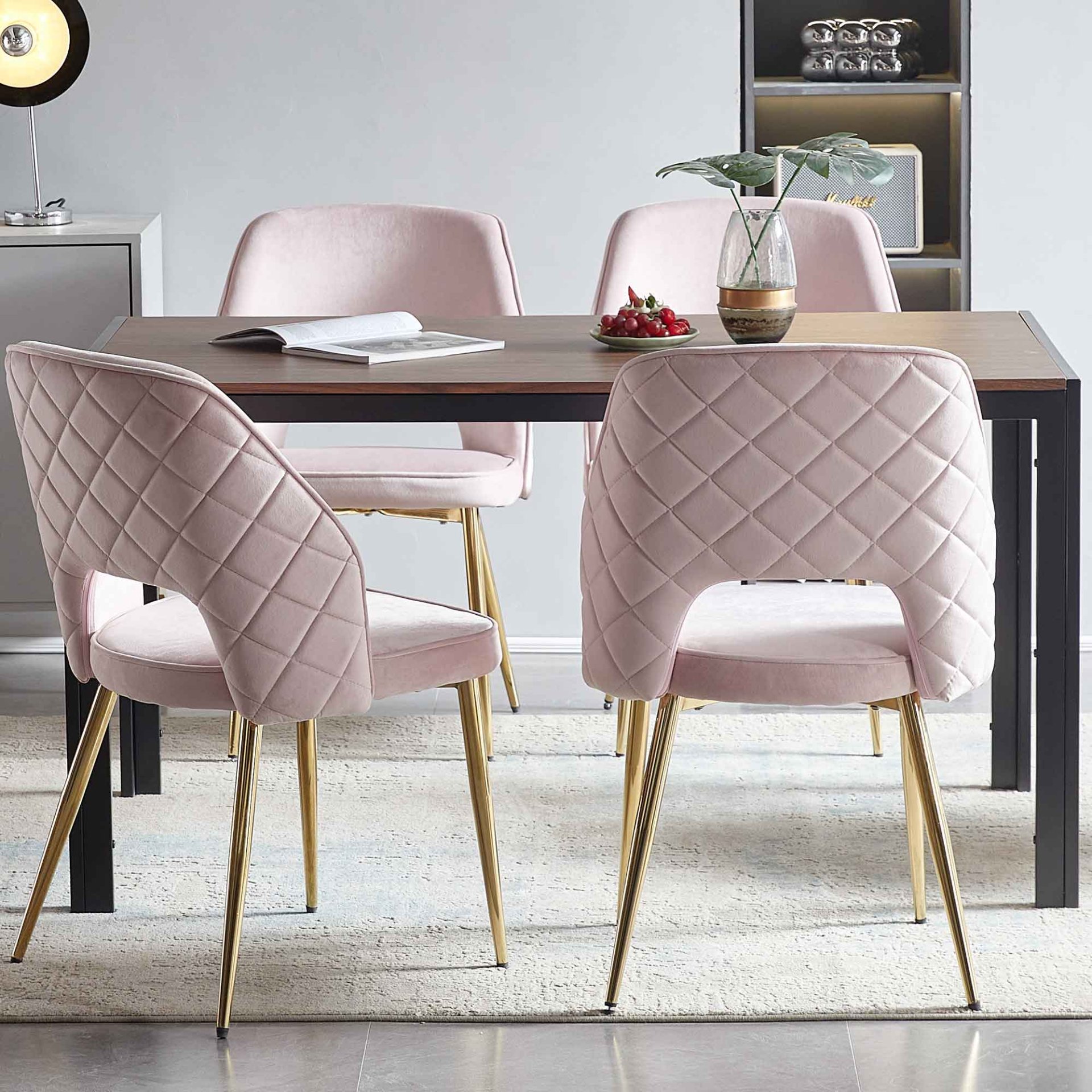 Velvet Dining Chairs With Metal Legs And Hollow Back Upholstered Dining Chairs (Set of 4) - Pink - Image 4