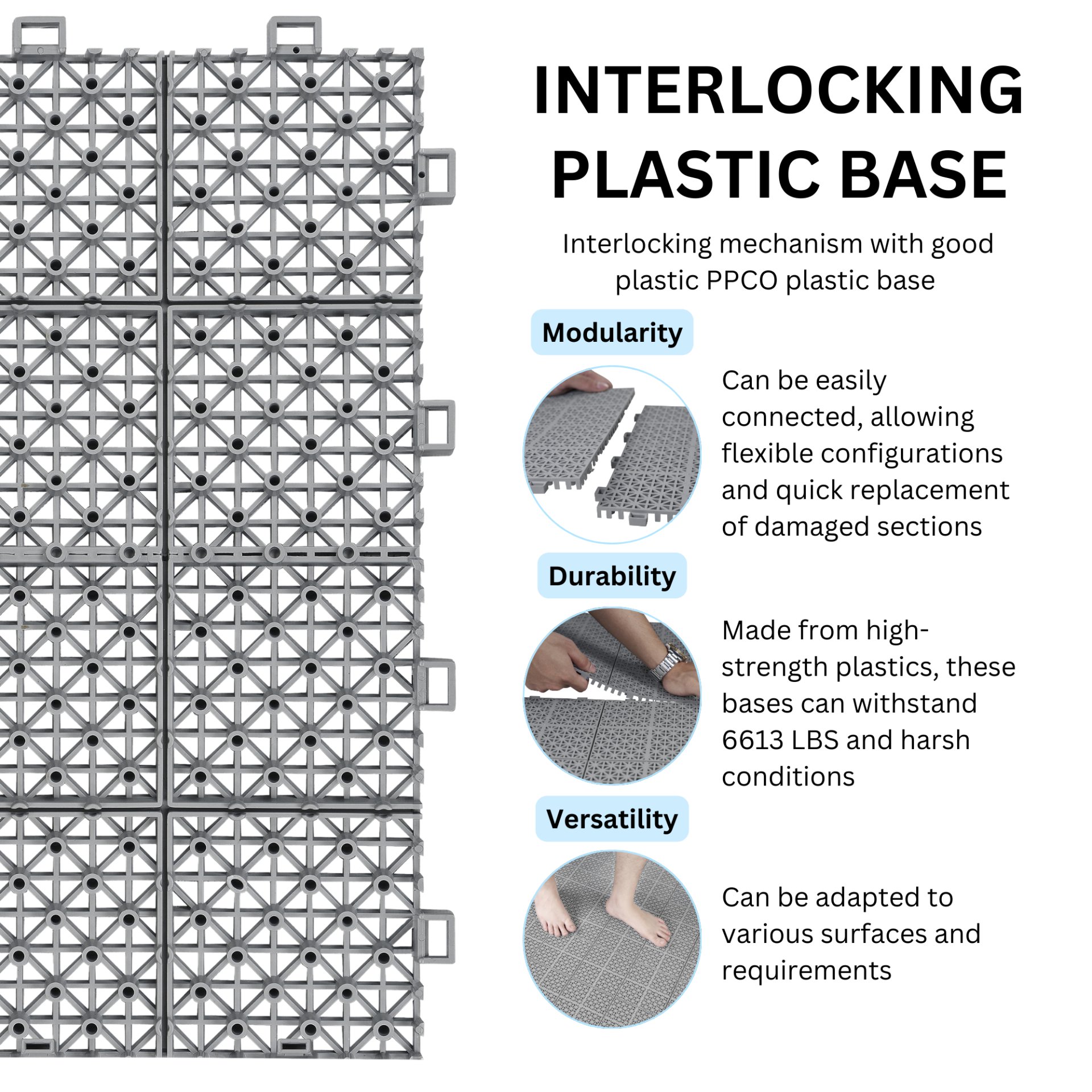 Interlocking Deck Tiles Plastic Waterproof Outdoor All Weather Anti-Slip Bathroom Shower Balcony Porch Strong Weight Capacity Upto 6613 Lbs, Rosette Pattern Pack Of 12 - Gray - Image 6