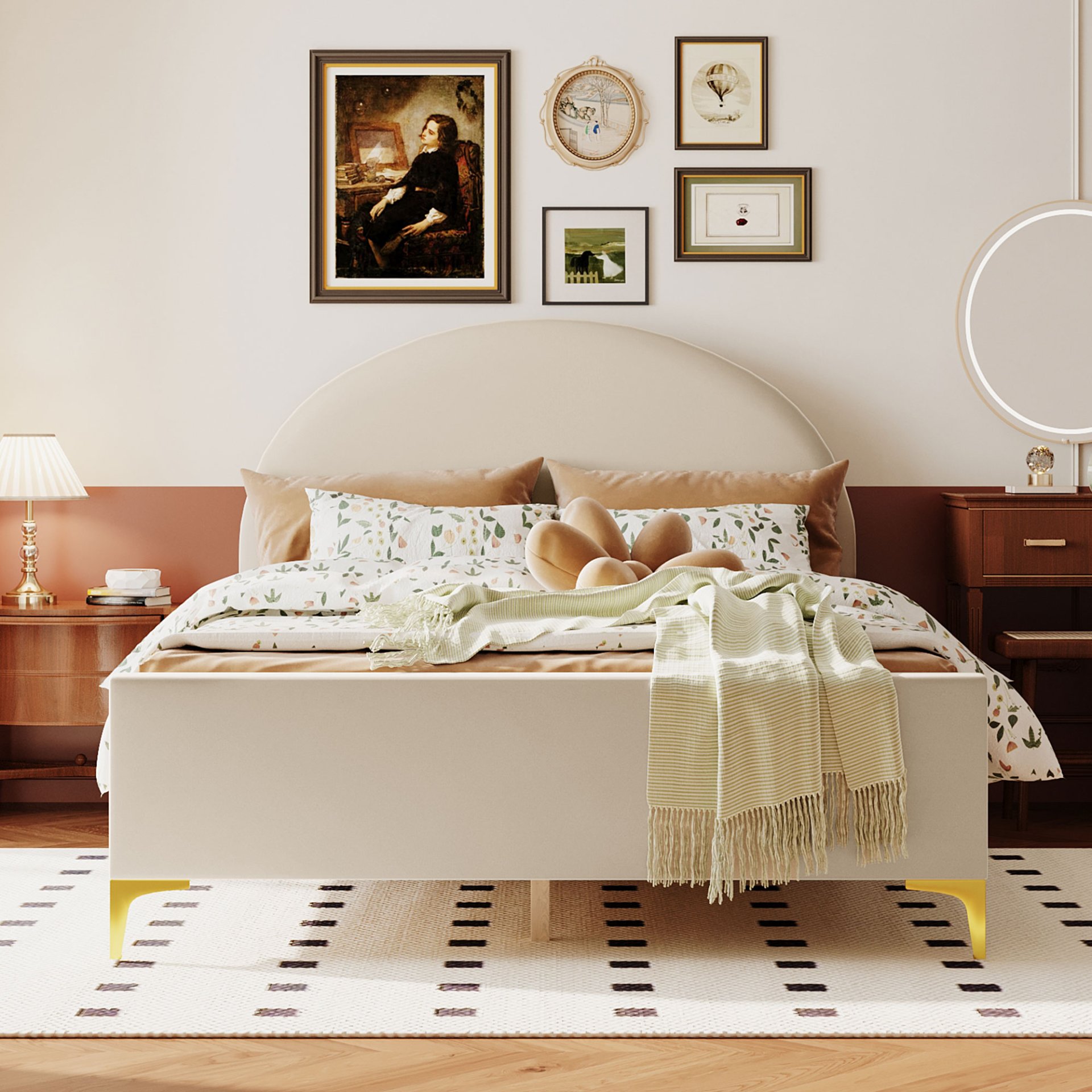 Full Size Upholstered Platform Bed With Classic Semi-Circle Shaped Headboard And Mental Legs - Beige - Image 2