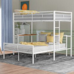 Twin Over Full Metal Bunk Bed With Desk, Ladder And Quality Slats For Bedroom - Metallic White