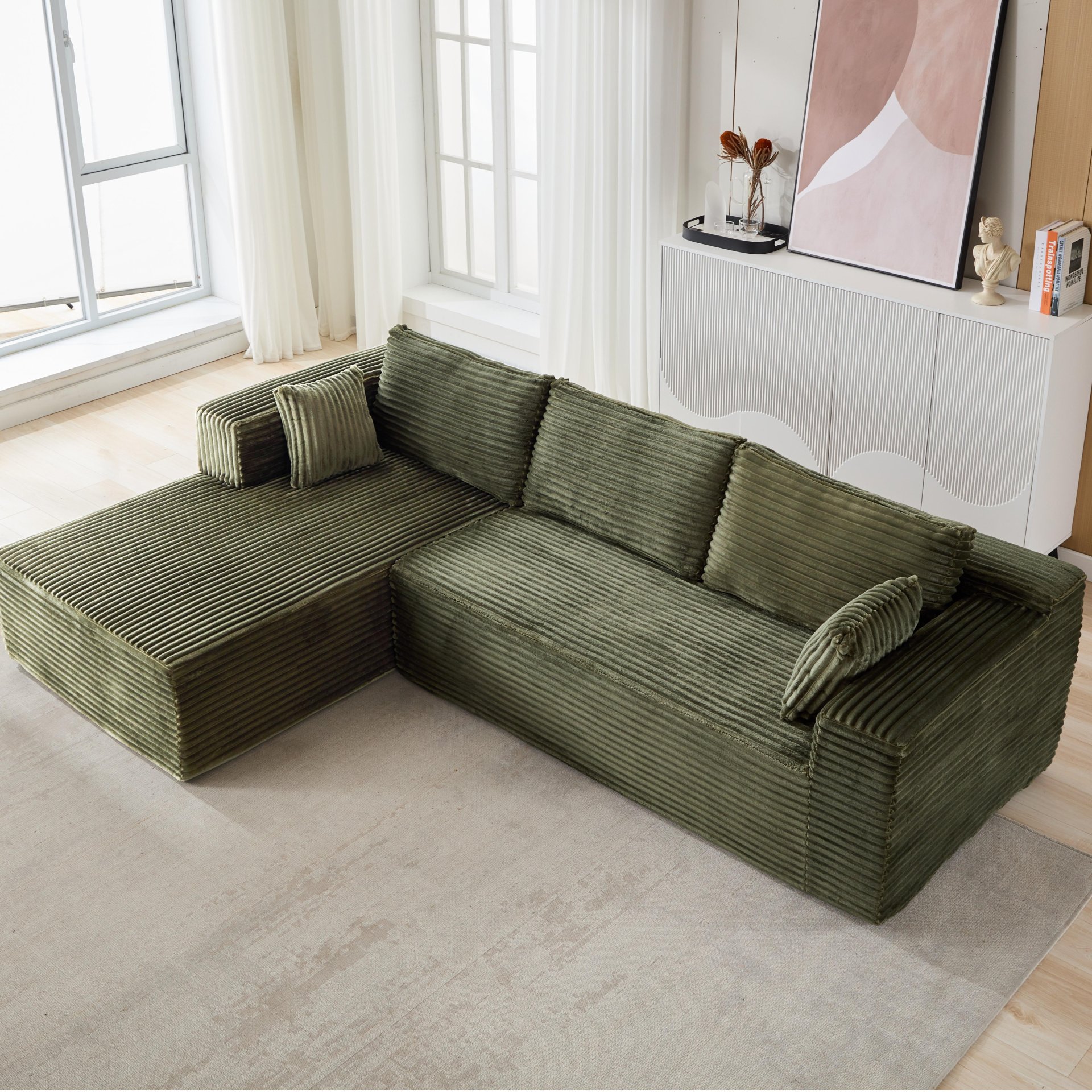 Compression Sectional Couch With Comfy Chaise, Boneless L Shape Sofa With Deep Seat, Minimalist Modular Couches Sleeper - Green - Image 10