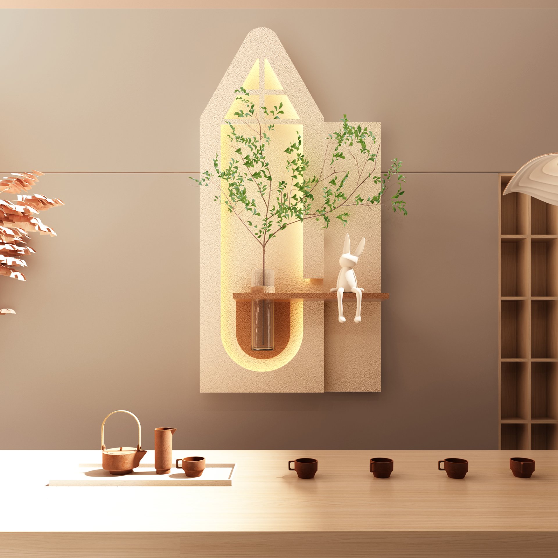 Adjustable 3 Color LED Sandstone Wall Decor With Simulated Plants, Glass Vase & Rabbit Statue - Light Coffee - Image 10