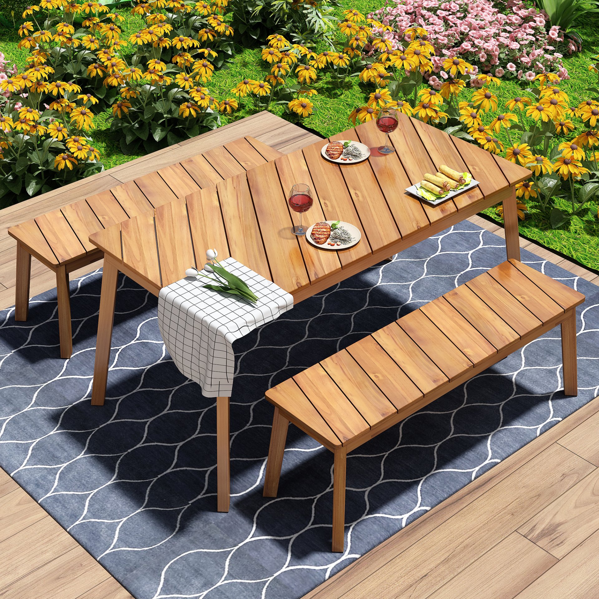 3 Pieces Acacia Wood Table Bench Dining Set For Outdoor & Indoor Furniture With 2 Benches, Picnic Beer Table For Patio, Porch, Garden, Poolside - Natural - Image 2