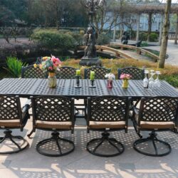 Rectangular 10 Person 126.38" Long Dining Set With Dupione Brown Cushions, Swivel And Rocking Chairs - Antique Brown