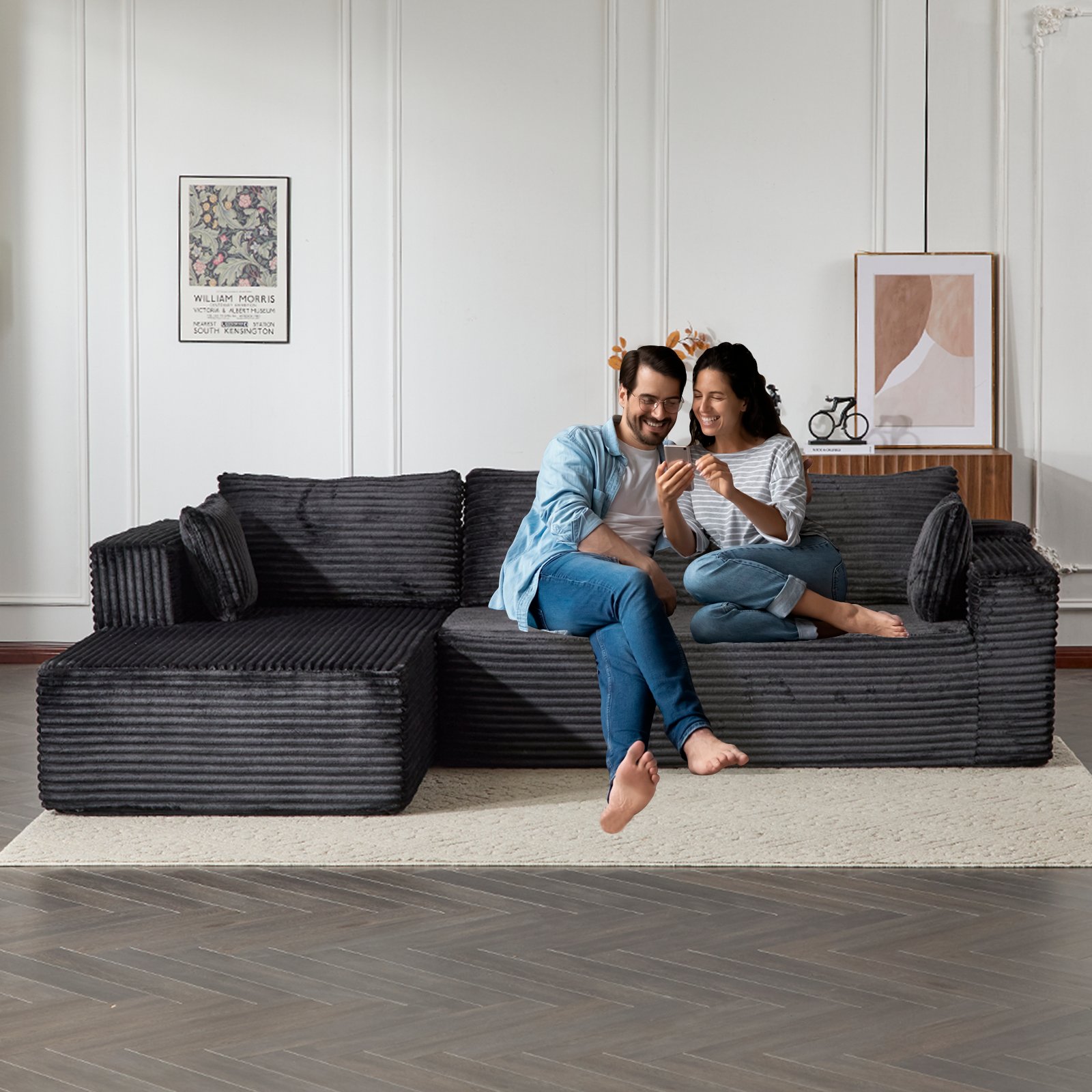 Compression Sectional Couch With Comfy Chaise, Boneless L Shape Sofa With Deep Seat, Minimalist Modular Couches Sleeper - Black - Image 9