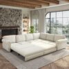 L-Shaped Sofa Couch With Pull Out Bed With Nailhead Trim & Rolled Arm, Sectional Couches, For Living Room - Beige - Image 5