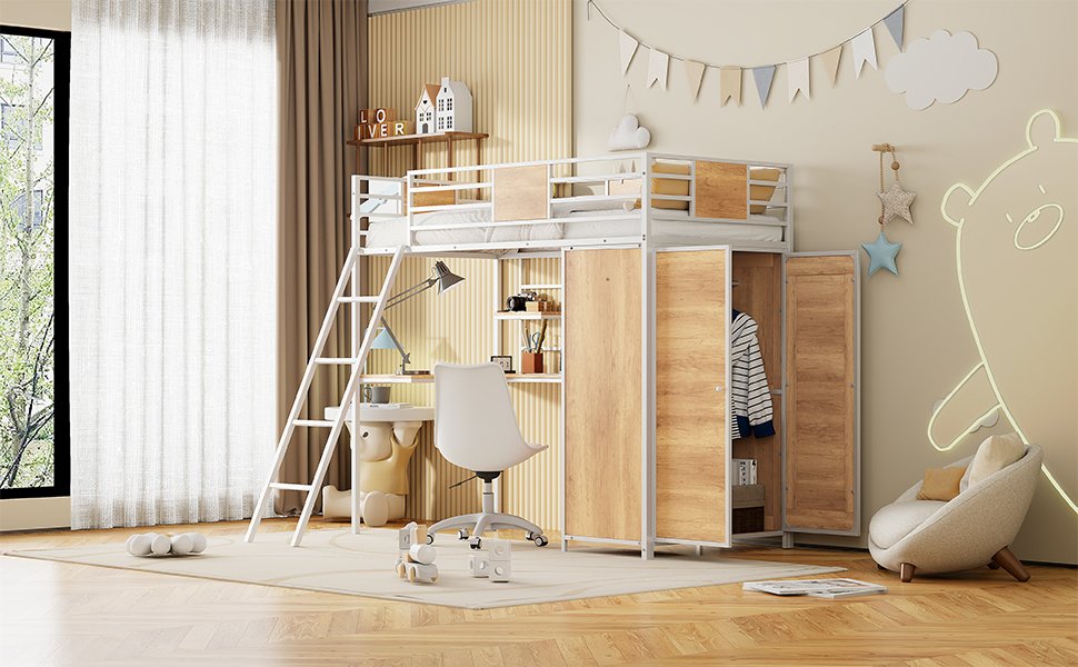 Twin Size Loft Bed With L Shape Desk And Wardrobe - White - Image 20