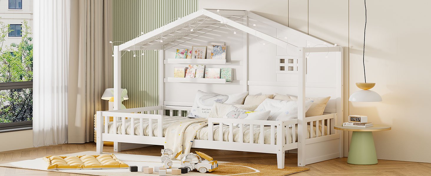 Twin Size House Bed With Shelves, Window And Sparkling Light Strip On The Roof - White - Image 23