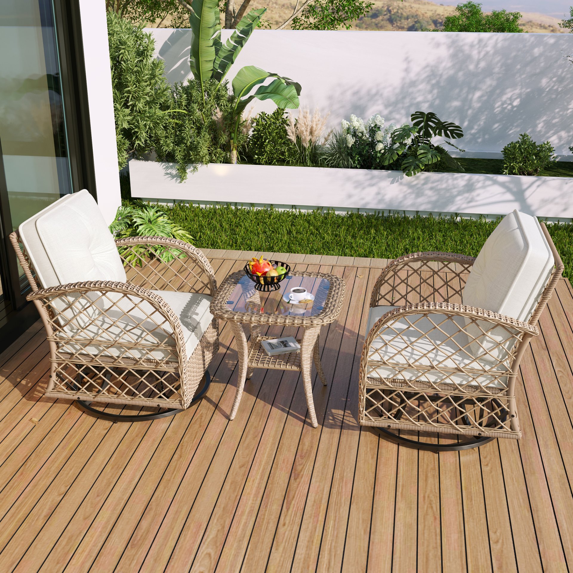 3 Piece Outdoor Chair & Table Set Chat Set 2 Person Rattan Seating Group With 2 Swiveling And Rocking Chairs And A Square Table For Garden, Patio, Or Balcony - Natural - Image 9
