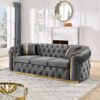 Velvet Button Tufted Sofa Couch With 2 Pillows 3 Seater Luxury Chesterfield Sofa Set With Stainless Steel Accents For Living Room - Gray - Image 3