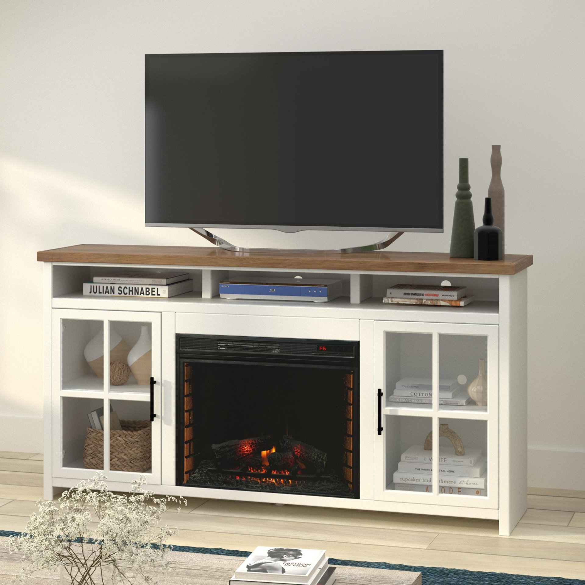 Hampton - Fireplace TV Stand Console For TVs Up To 85" - Jasmine Whitewash / Barnwood - Image 4