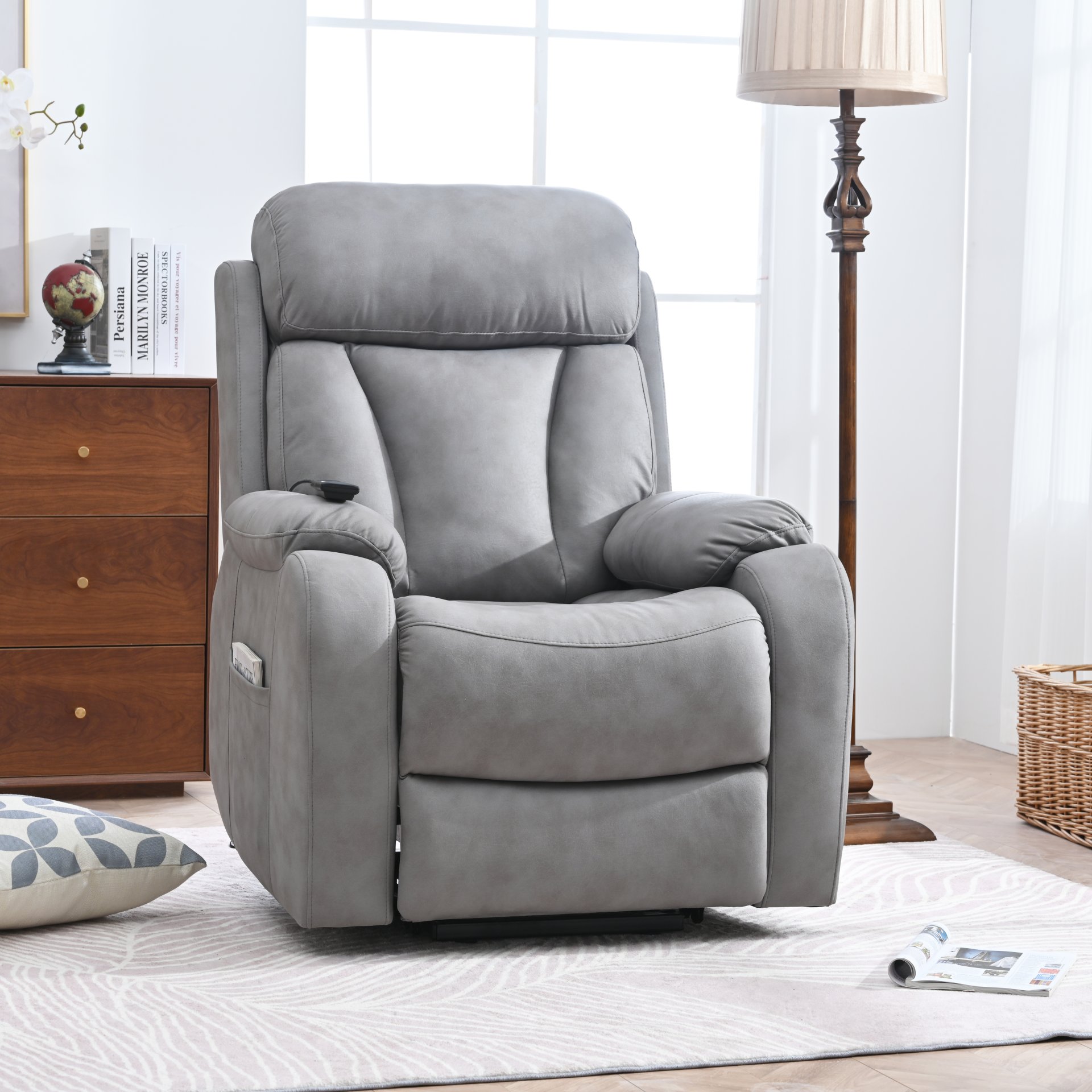 35.4" Electric Power Lift Recliner Chair, Fabric Recliner Chair, Home Theater Seating, Living Room Chair, Side Pocket, Remote Control - Light Gray - Image 3