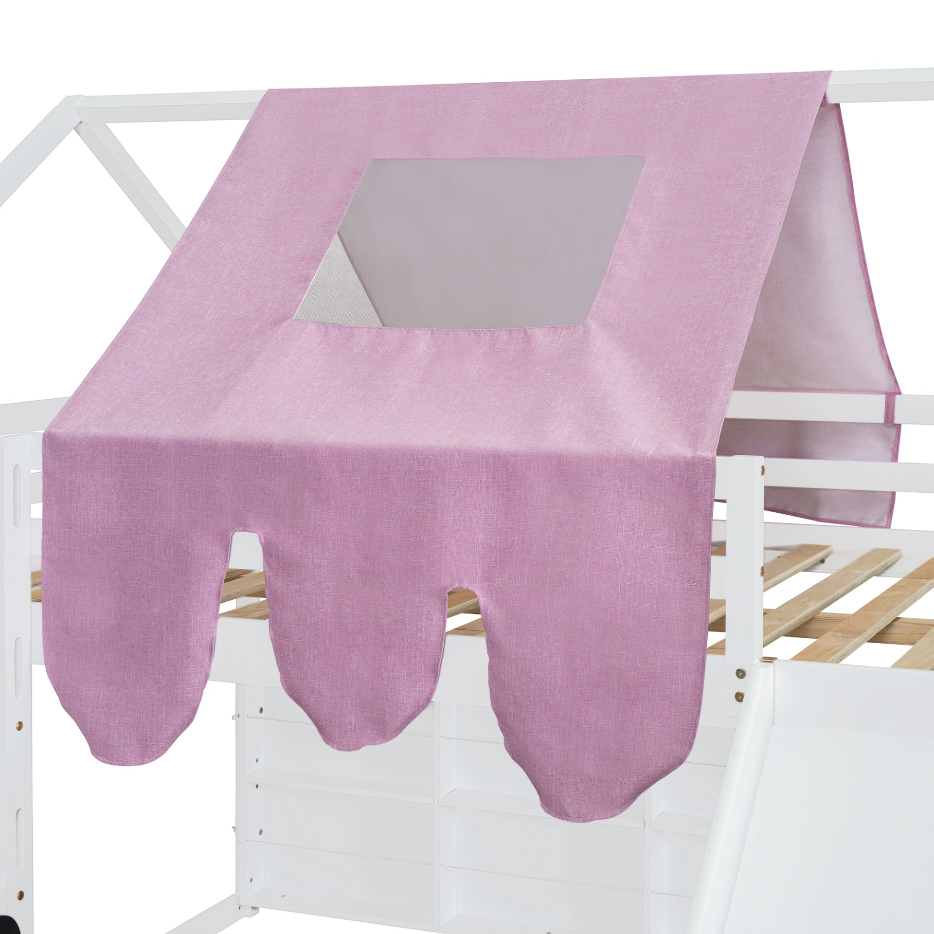 Full Size Loft Bed With House Shaped Frame And Tent - White / Pink - Image 14