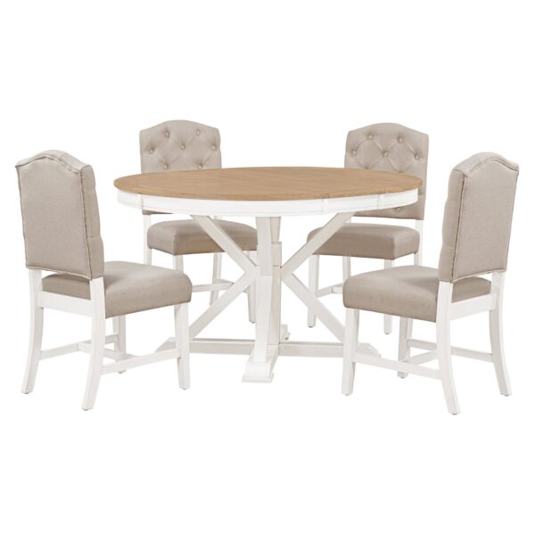 Functional Furniture Retro Style Dining Table Set With Extendable Table And 4 Upholstered Chairs For Dining Room And Living Room - Natural / Off White